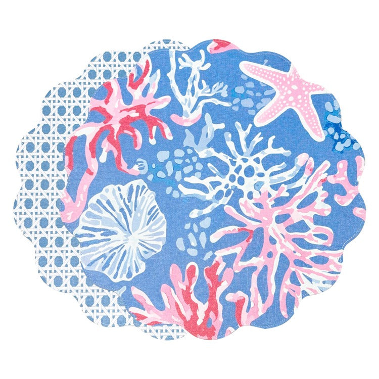 VIDA Sealife and Rattan Reversible Round Placemats Set of 4 (Blue & Pink) image 0