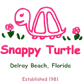Logo of Snappy Turtle with a pink turtle illustration, flowers, and text on a light pink background