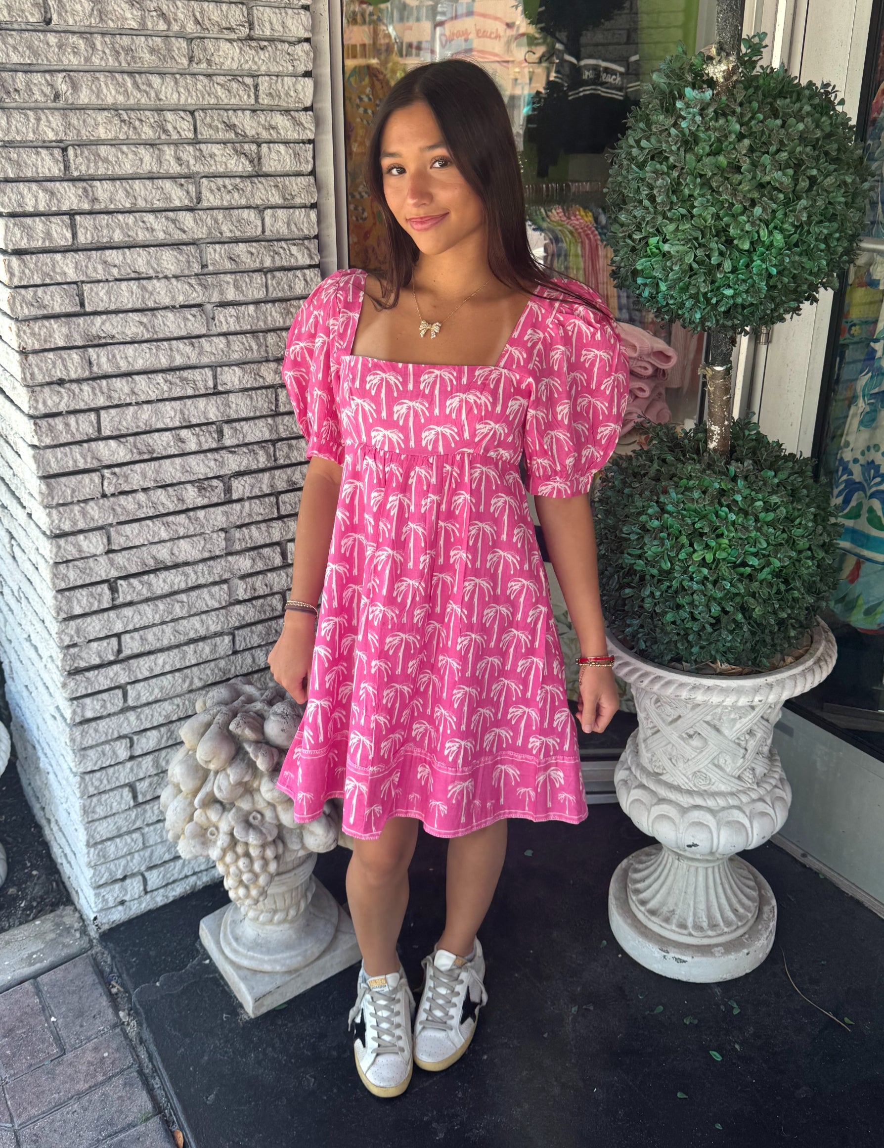 Flora Dress | Little Palms | Pink image 2