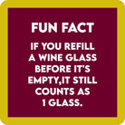 Fun fact about refilling wine glasses on a red background with yellow border