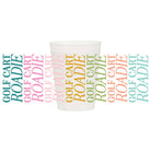 Clear plastic cup with 'Golf Cart Roadie' text in various colors on a white background
