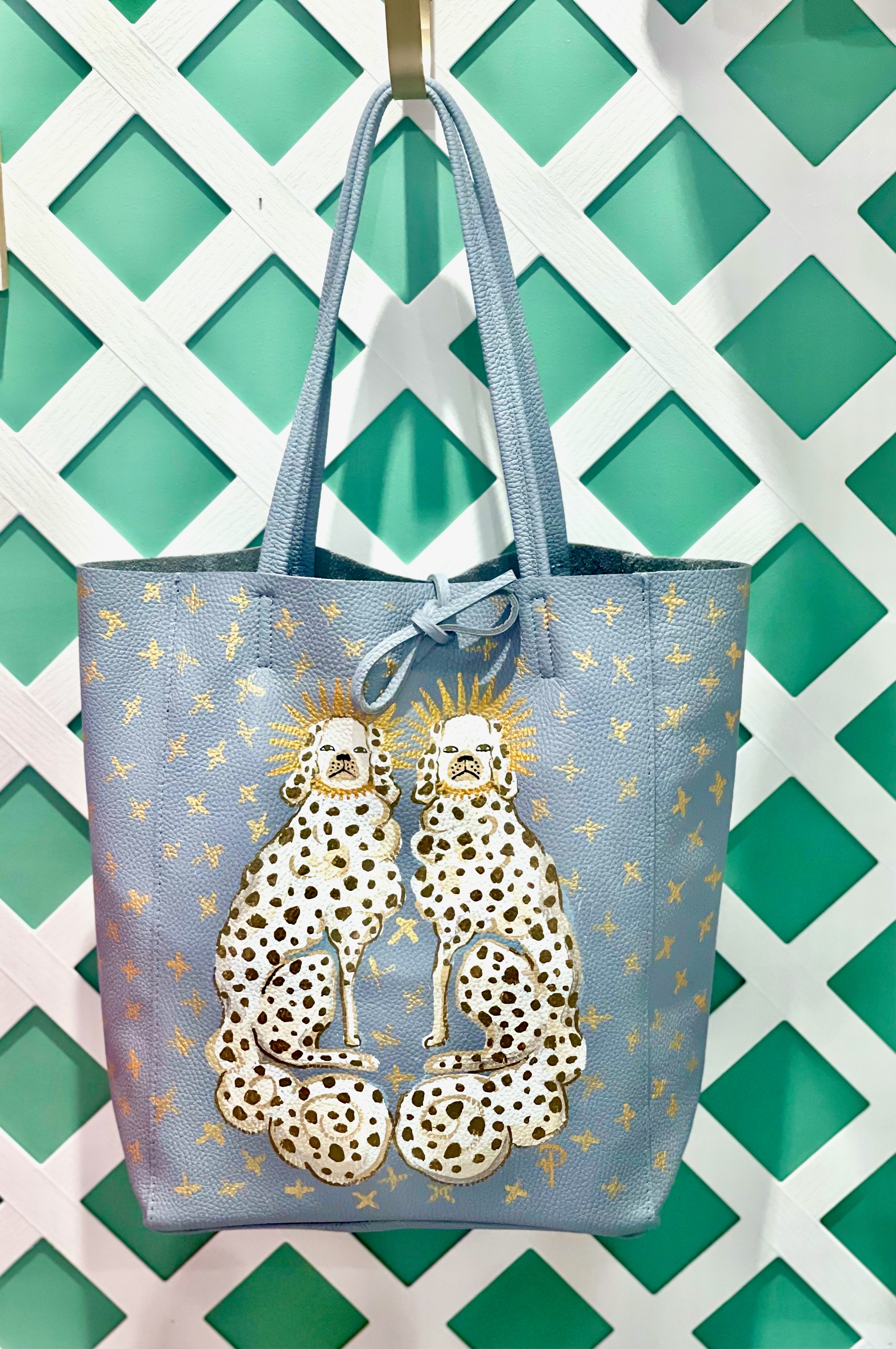 Hand-painted Staffies on Leather Tote image 0