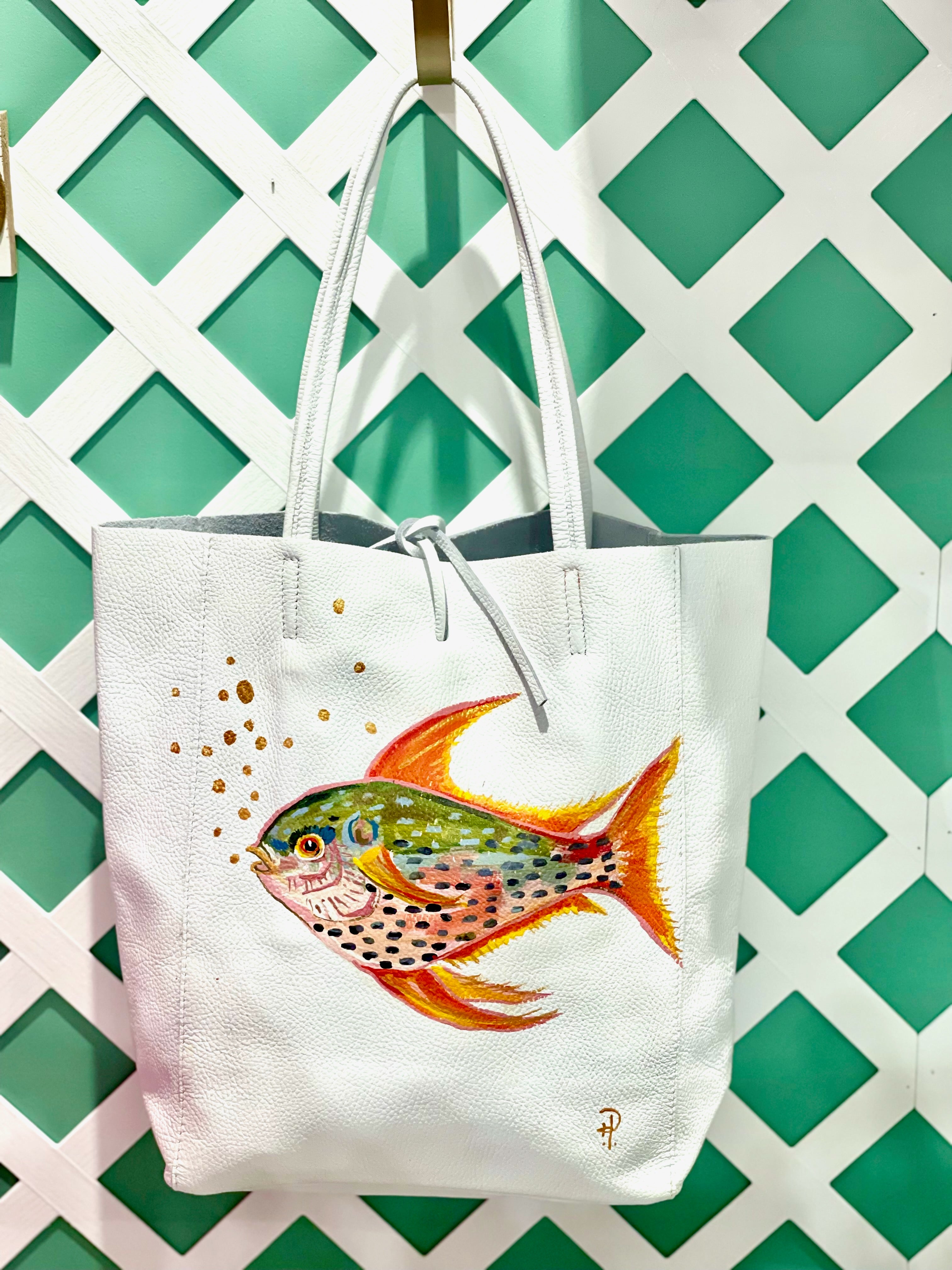 Hand-painted Goldfish on White Leather Tote image 0
