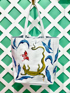 Hand-painted Lizard on White Leather Tote image 0