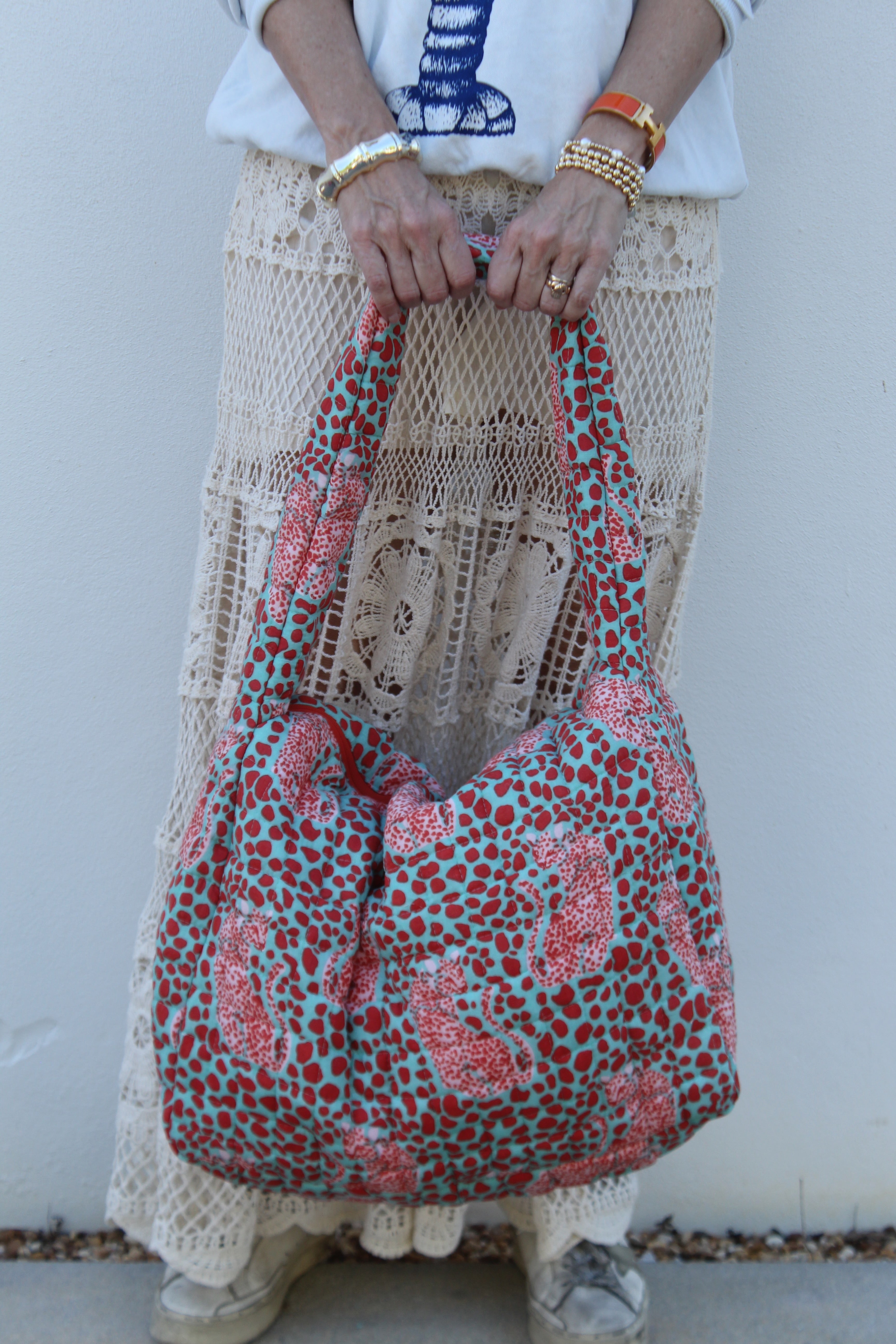 Puffer Tote Bag | Spotted Leopard | Red/Aqua image 0