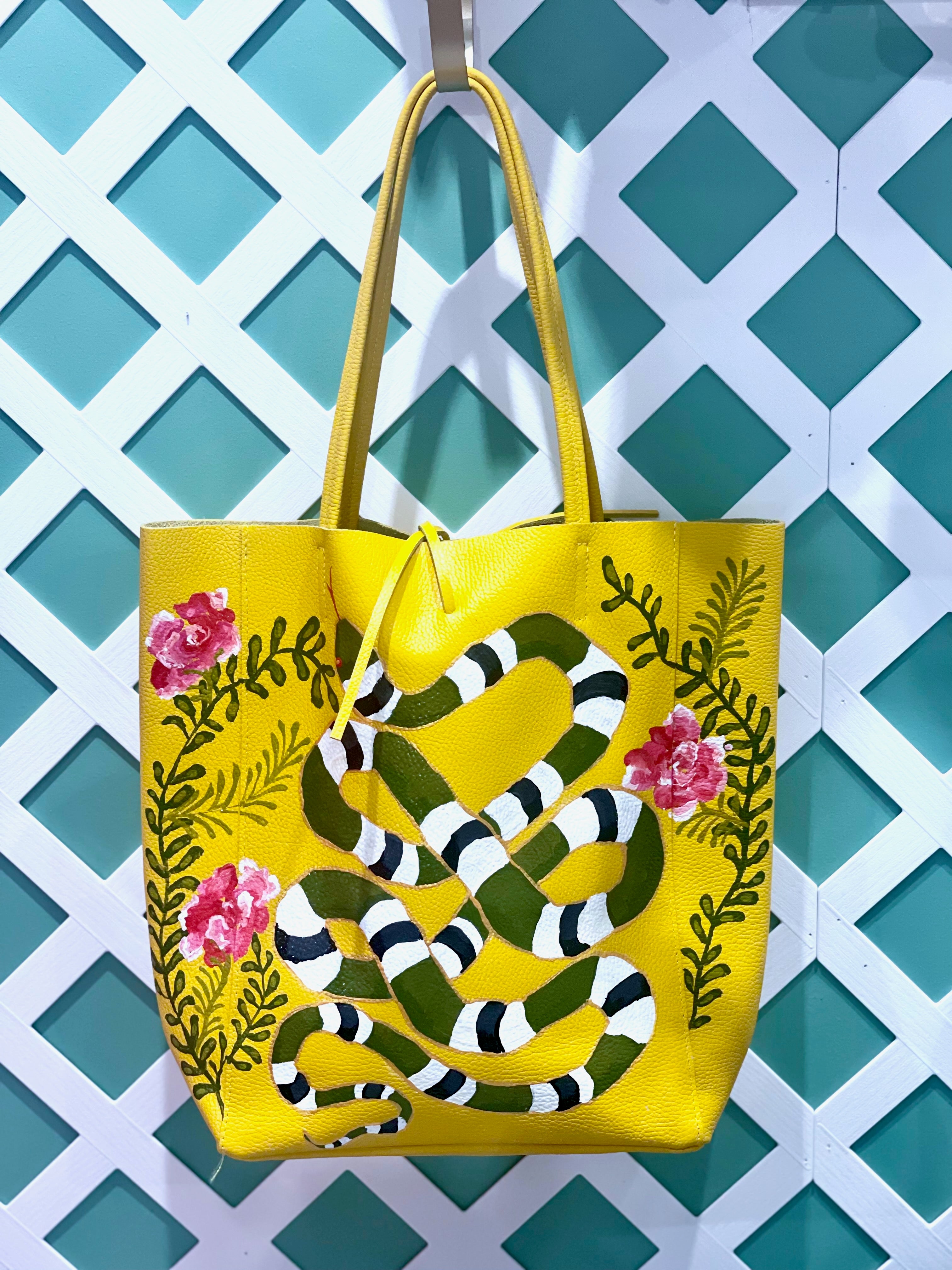 Hand-painted Floral Snake Tote image 0