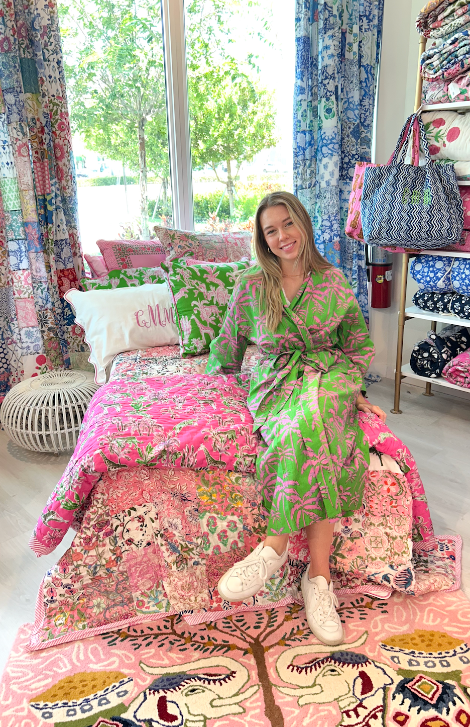 Long Kimono with Belt | Paradise Palm | Pink/Green image 3