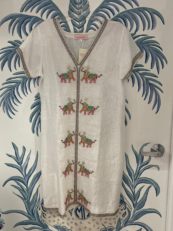 Beaded Linen Short Sleeve Dress | Elephants | White