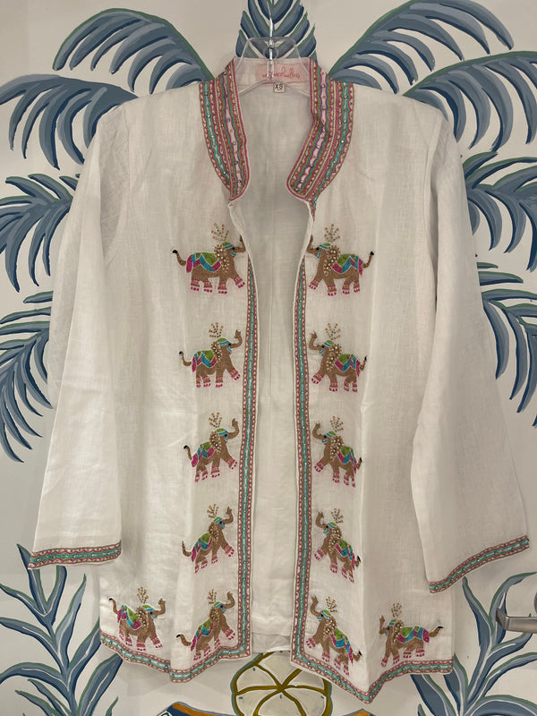 Beaded Linen Jacket | Elephants | White