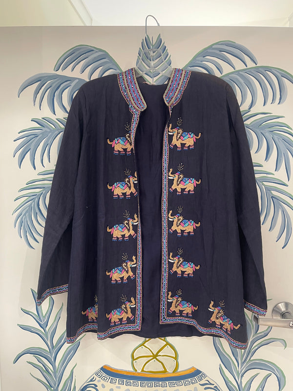Beaded Linen Jacket | Elephants | Navy