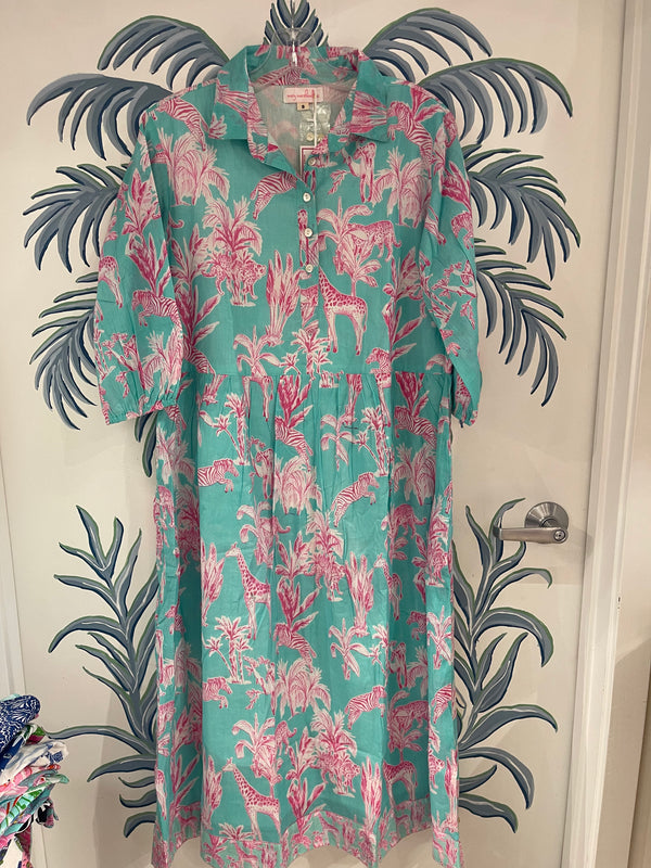 Frannie Midi Dress | Jungle Toile | Pink/Aqua