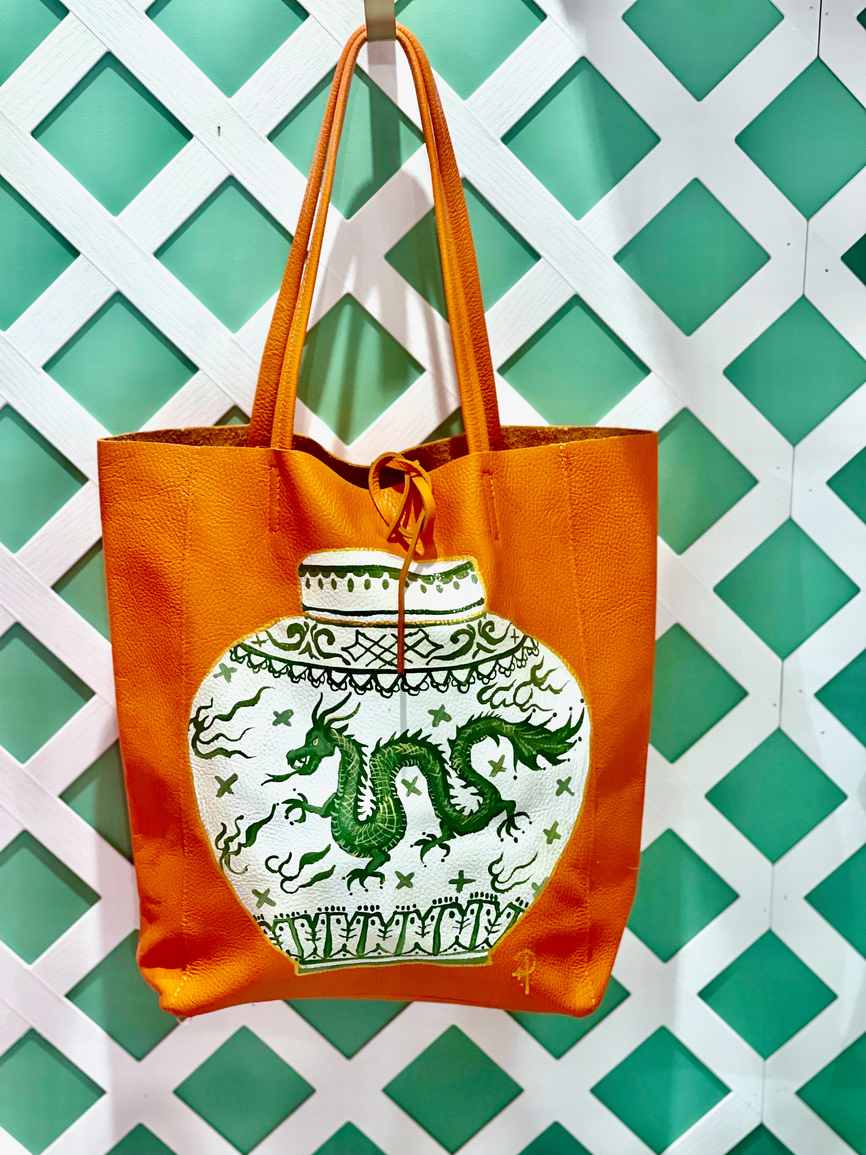 Hand-painted Dragon Ginger Jar on Orange Leather Tote image 0