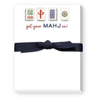 Navy hair bow with Mahjong-themed tiles on a white card