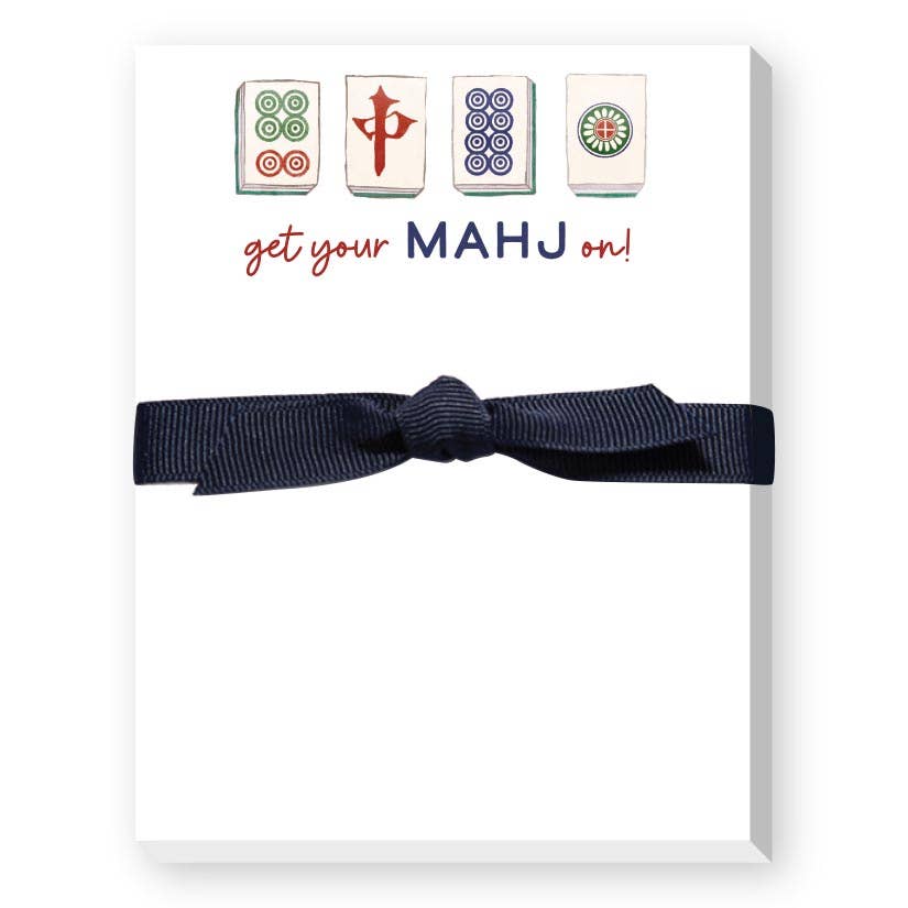 Navy hair bow with Mahjong-themed tiles on a white card