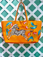 Hand-painted Zebra on Orange Leather Tote image 0